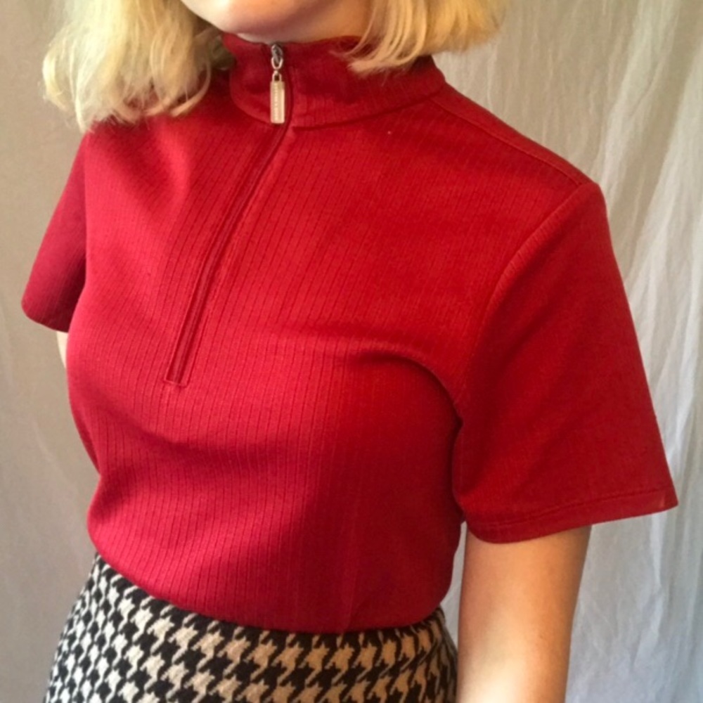 quarter zip red ribbed mock neck sweater